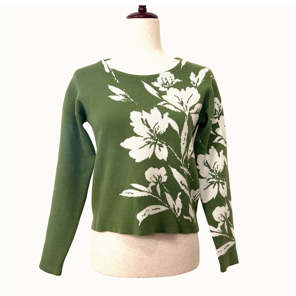 Joie Floral Button Back Sweaterā Olive Green White Knit XS Cottagecore